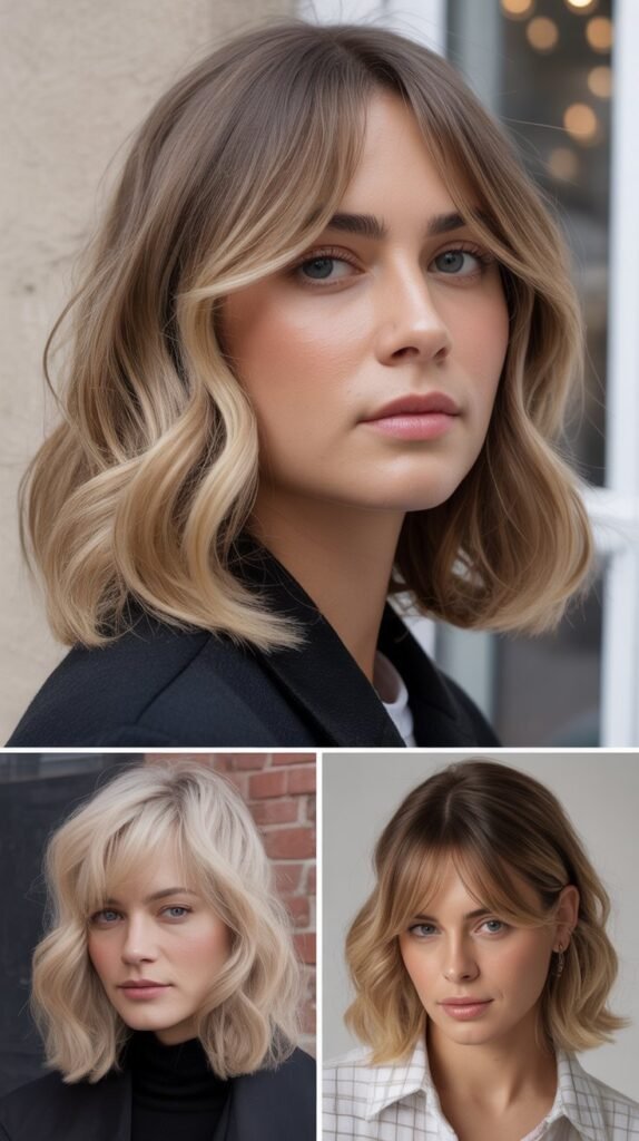 Wispy Side-Swept Bangs with Honeycomb Blonde Color