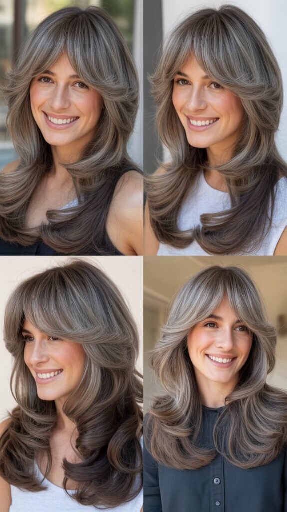 Feathered Curtain Bangs With Gray Long Layers
