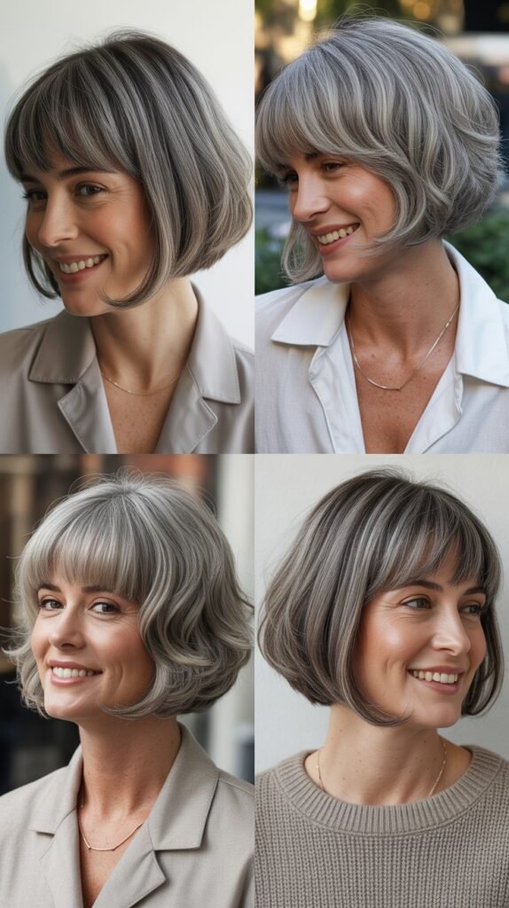 Graduated Bangs With Gray Stacked Bob