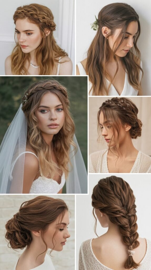 Crown Braid with Cascading Curls and Cathedral Veil