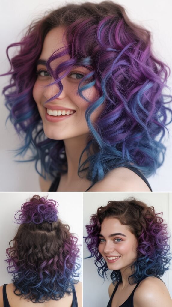 Purple-to-Blue Ombré on Shoulder-Length Curls