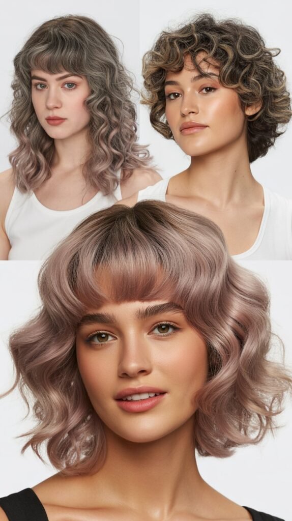 Rounded Micro Bangs With Dusty Rose Gray Medium Waves
