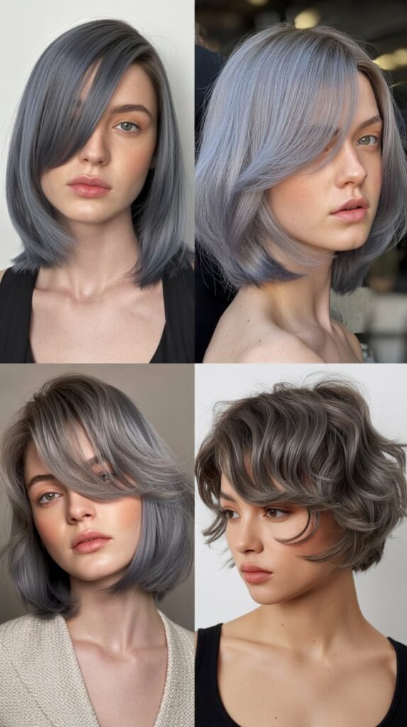 Asymmetrical Side Bangs With Titanium Gray Medium Bob
