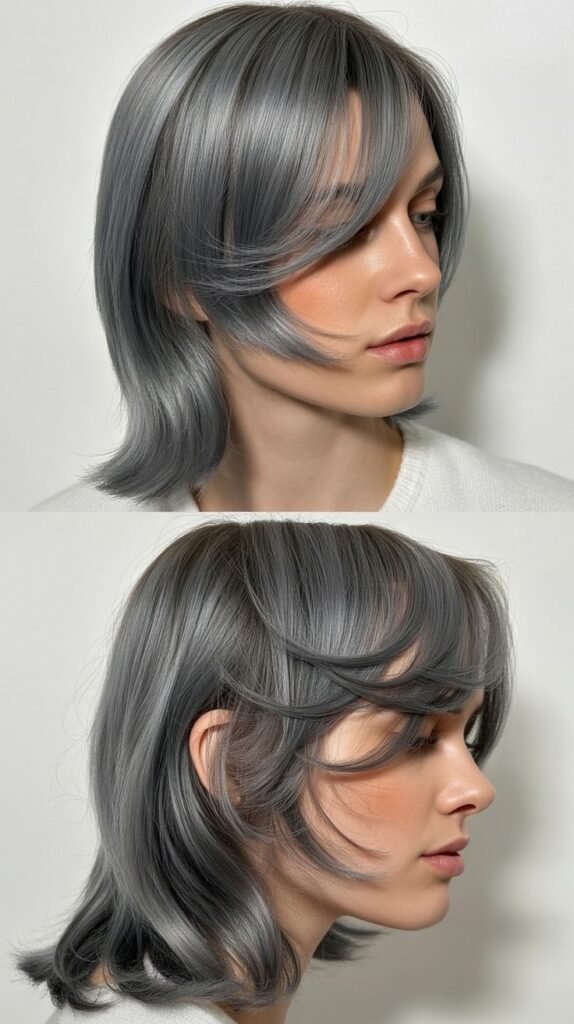 Arched Side-Swept Bangs With Titanium Gray Medium Straight Hair