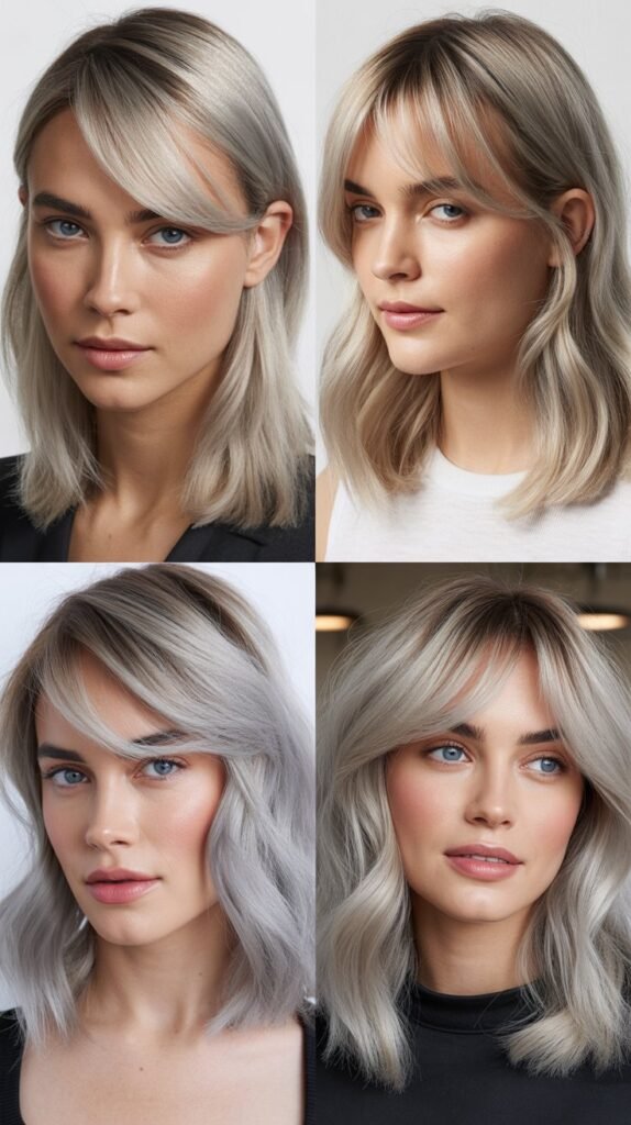 Side-Swept Baby Bangs With Gradient Silver-To-Ice Medium Lob