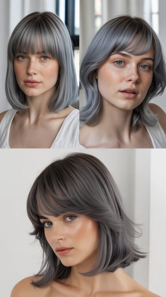 Arched Bangs With Moonlight Gray Medium Straight Hair