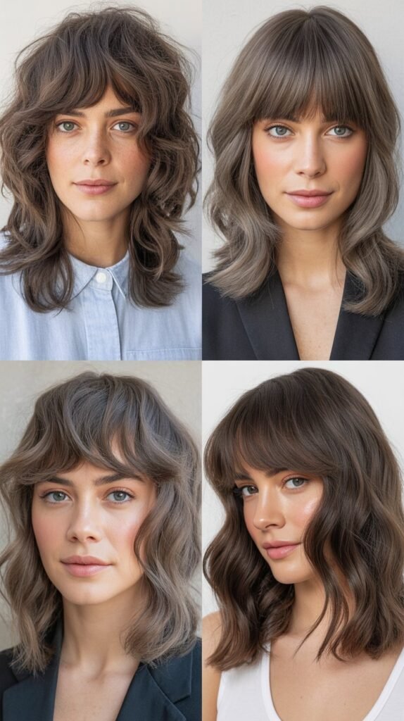 Textured Curtain Bangs With Cement Gray Medium Waves