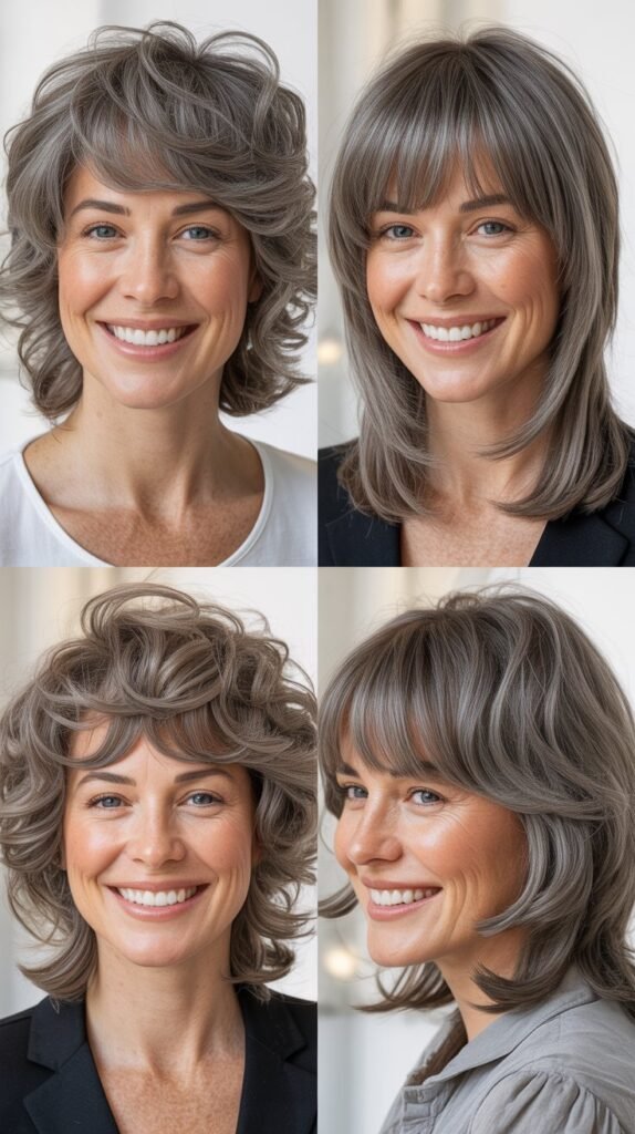 Wispy Curtain Bangs with Layered Gray Shoulder Cut