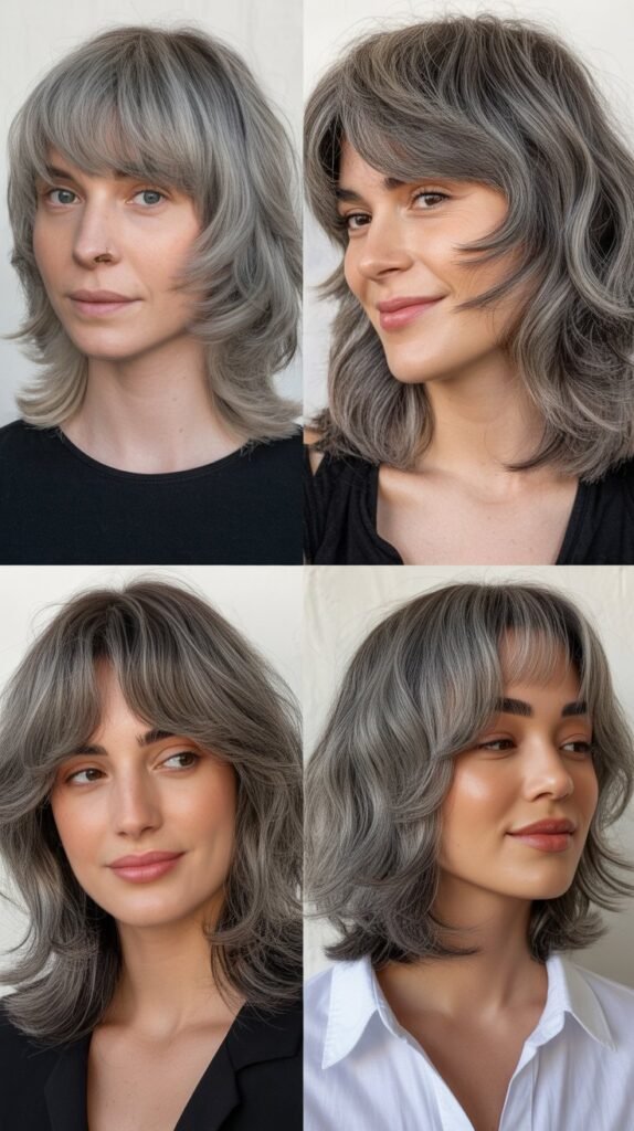 Curtain Bangs with Gray Shag