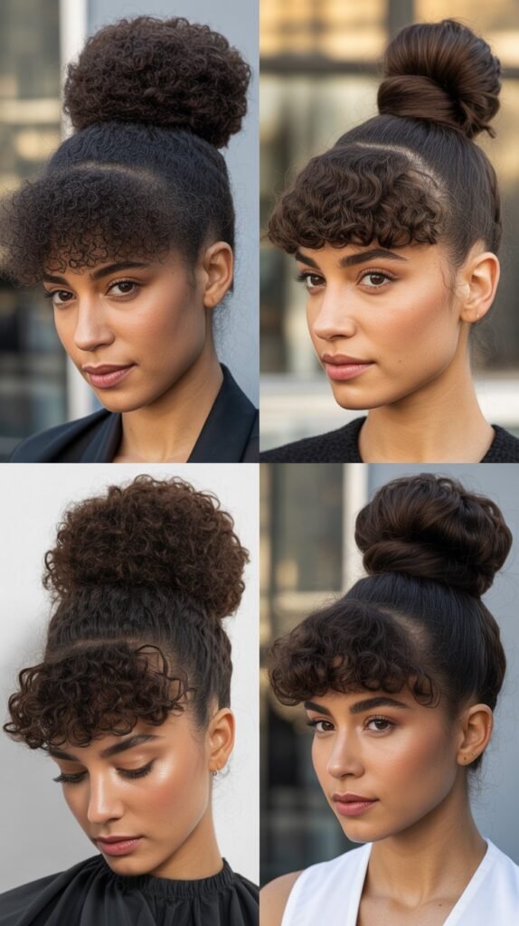 Sleek High Bun with Curly Bang
