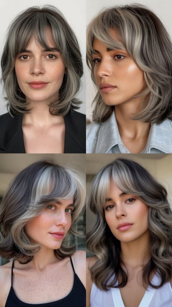 Swoopy Bangs with Gray Layers