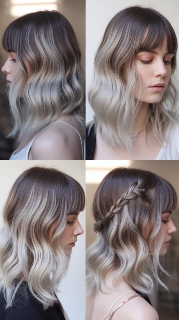 Full Fringe With Pewter-To-Platinum Ombre Medium Hair