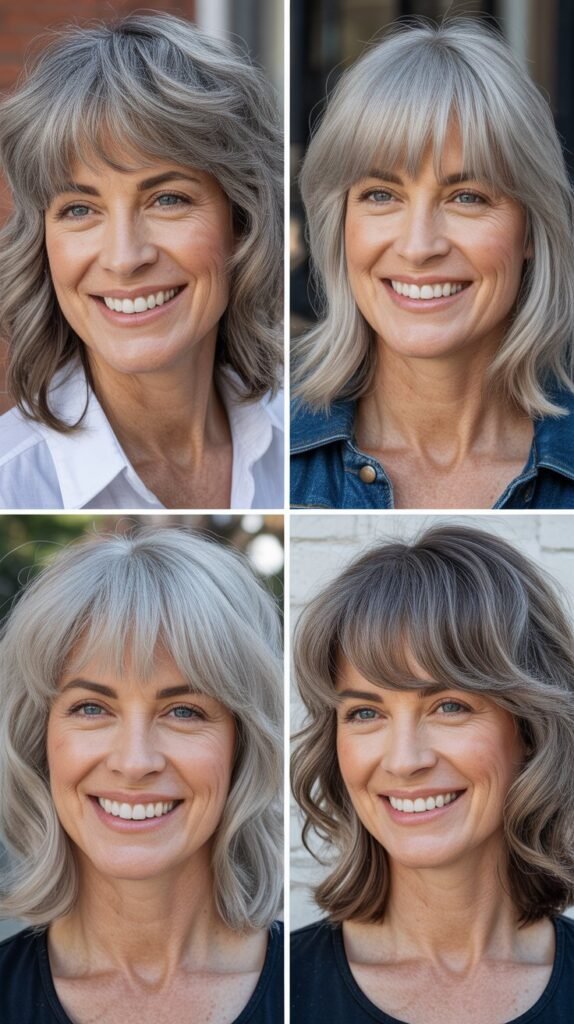 Choppy Bangs With Gray Shoulder-Length Cut