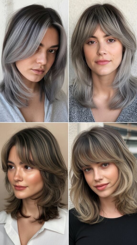 Layered Bangs With Gradient Gray Medium Cut