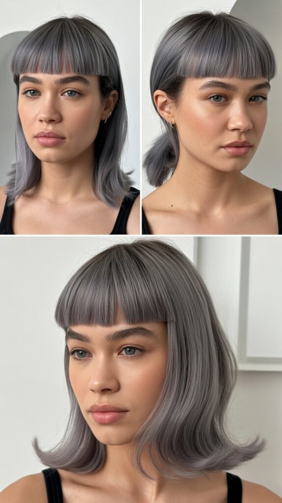 Blunt Micro Bangs With Dove Gray Medium Straight Hair