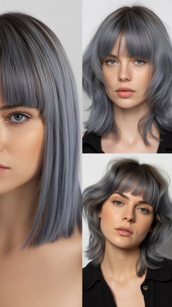 Choppy Blunt Bangs With Cement Gray Medium Straight Hair