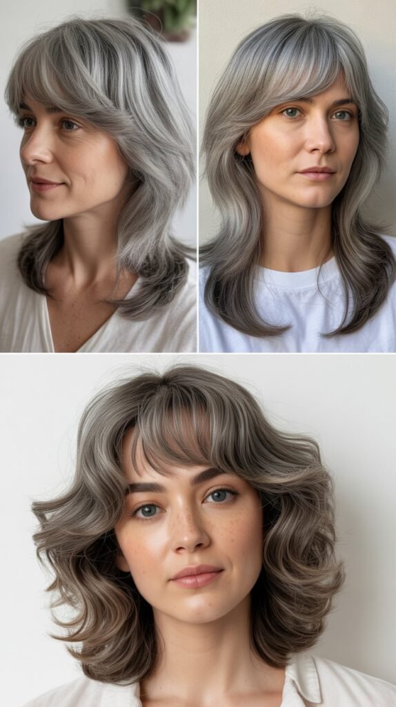 Feathered Bangs with Gray Medium Length