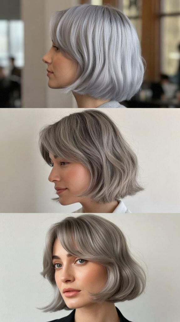 Wispy Side-Swept Bangs With Pearl Gray Medium Bob
