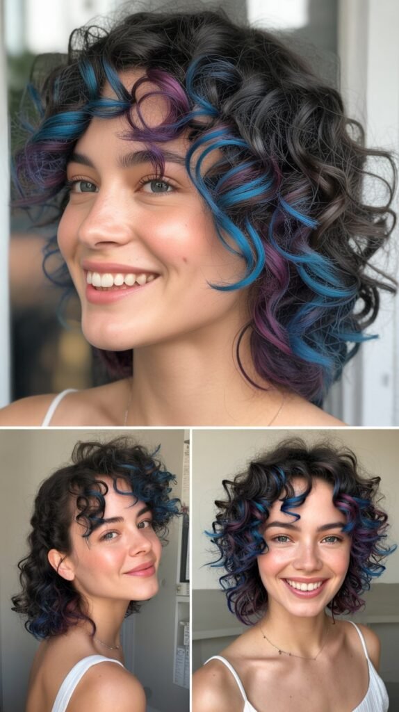  Ice Blue Tips on Dark Curly Hair