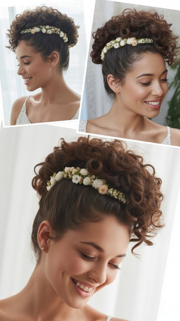  Curly Mohawk Updo with Floral Ridge