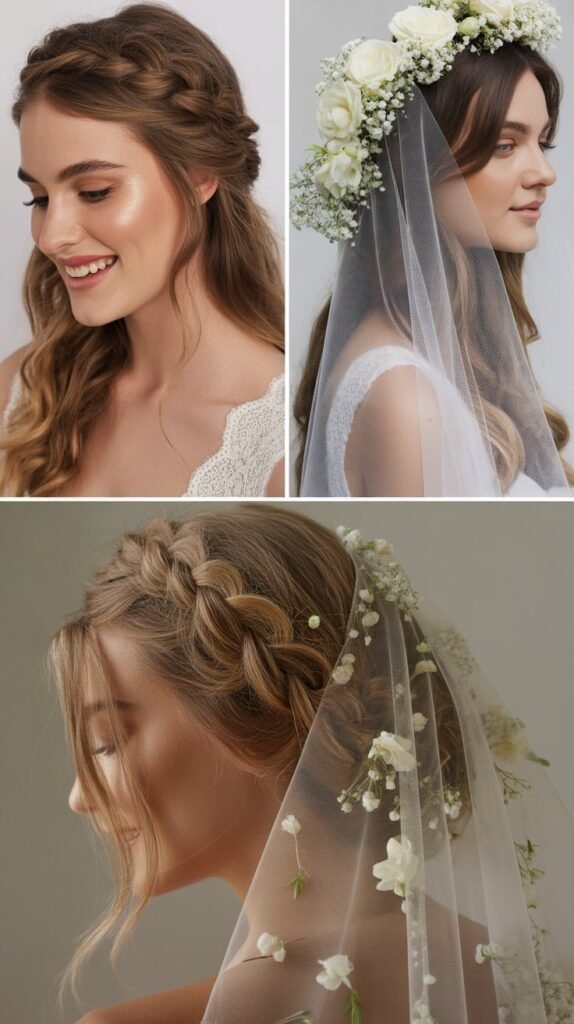  Braided Crown with Cascading Floral Veil