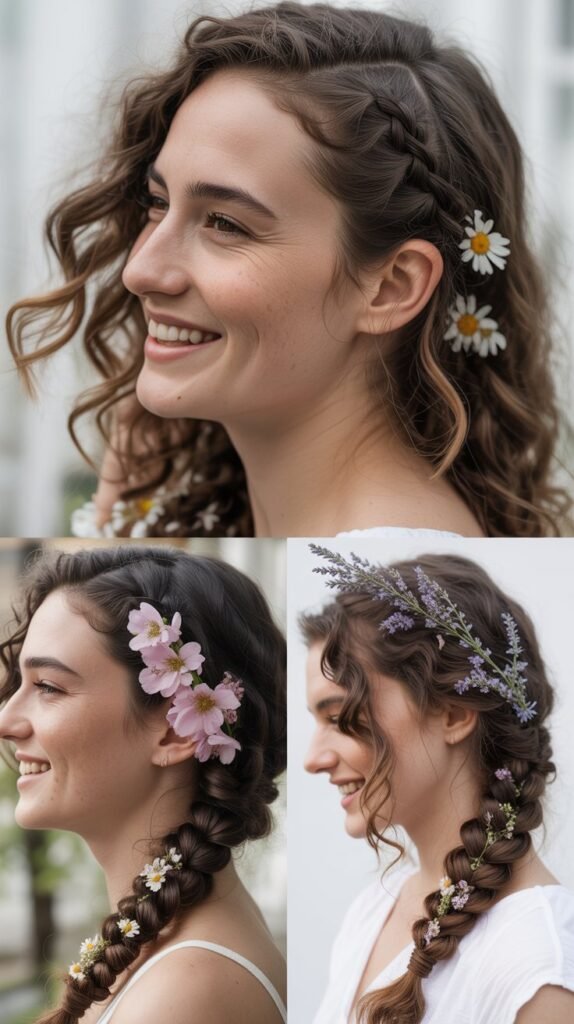 Curly Side Braid with Floral Accents
