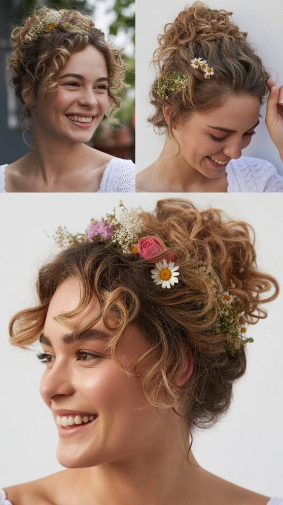 Messy Curly Updo with Flower Accents