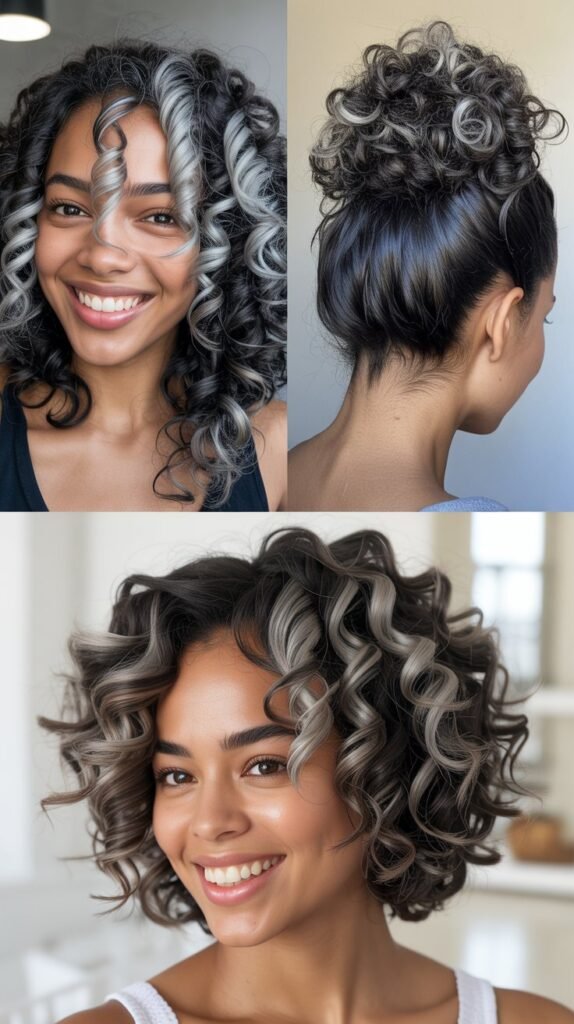 Silver Gray Highlights on Black Curls