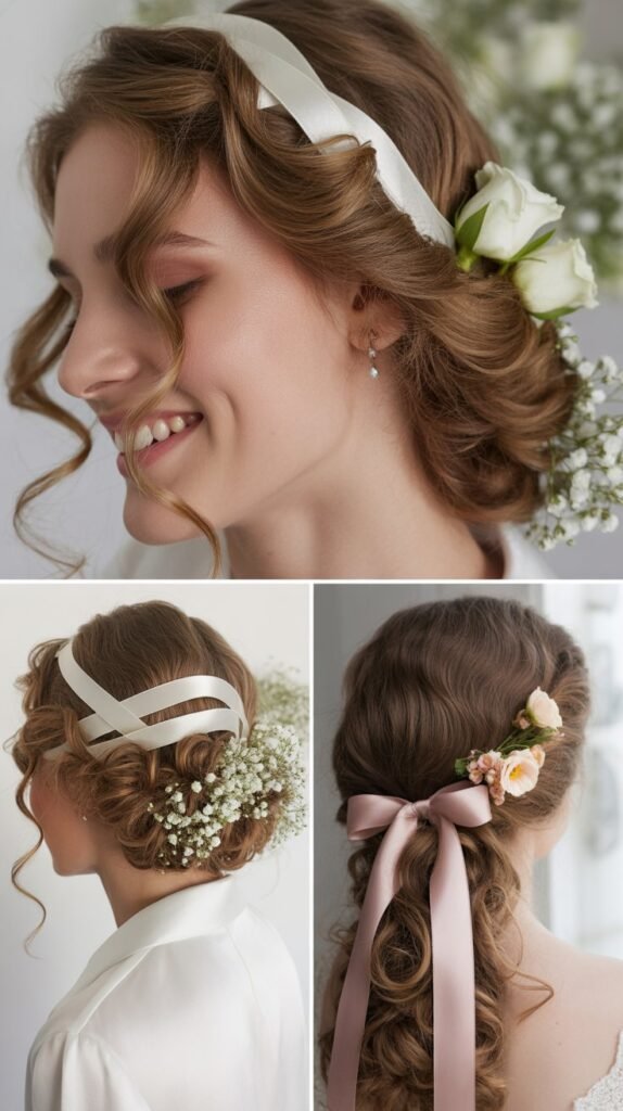33. Ribbon-Wrapped Curls with Flower Accents