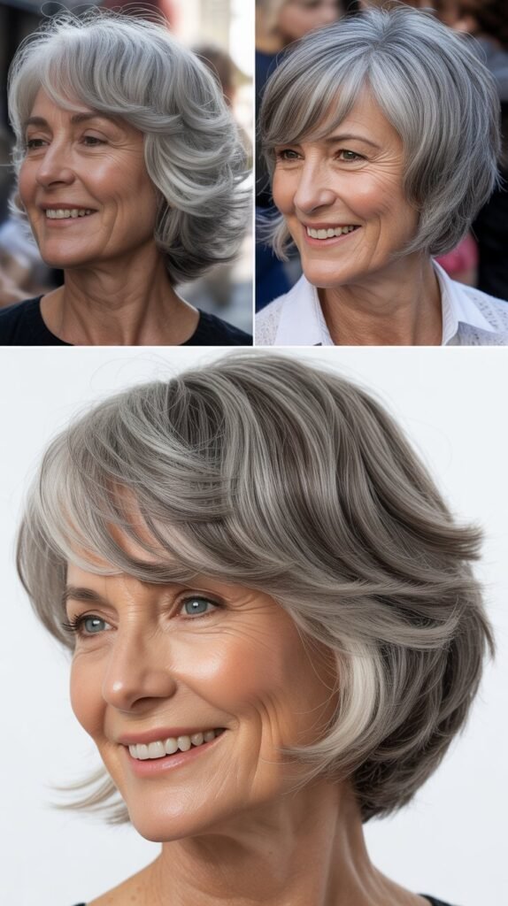 Layered Gray Bob with Side-Swept Bangs