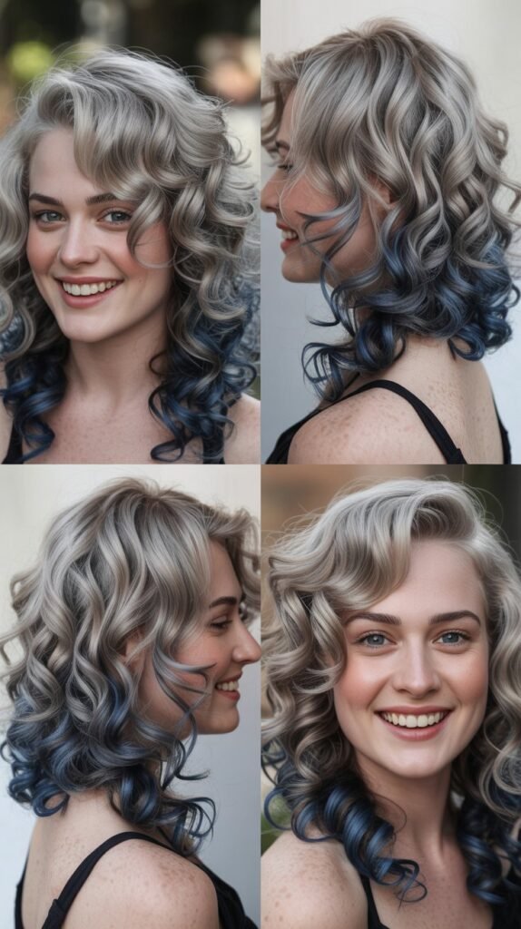  Midnight Blue Lowlights in Silver Curls