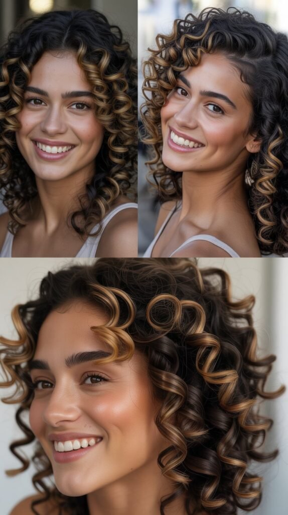 Goddess Curls With Caramel Ribbons Throughout