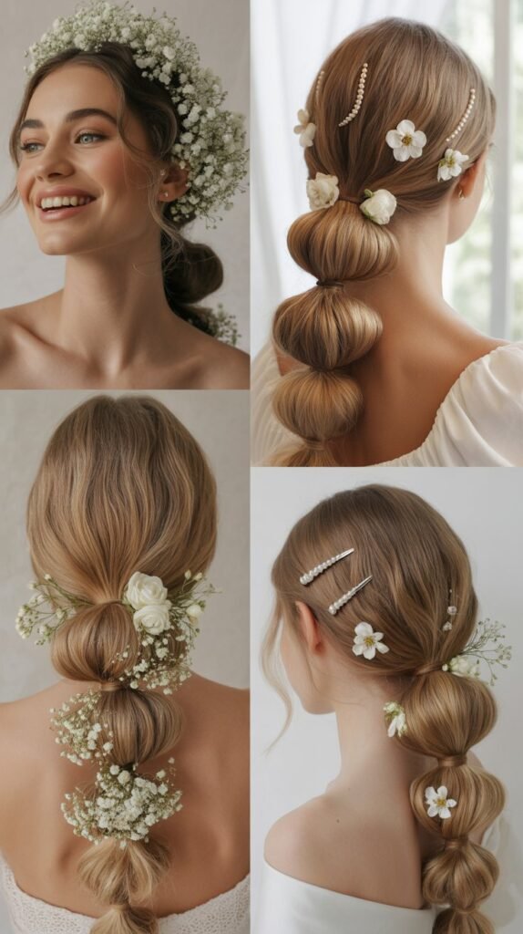 Bubble Ponytail with Flowers Between Sections