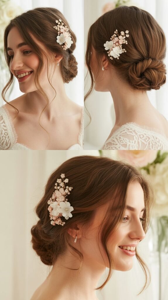  Deep Side Part with Floral Hair Clips
