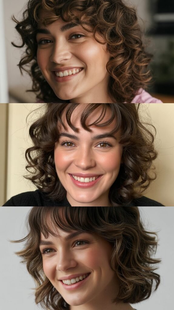 Shoulder-Length Curls with Curtain Bangs