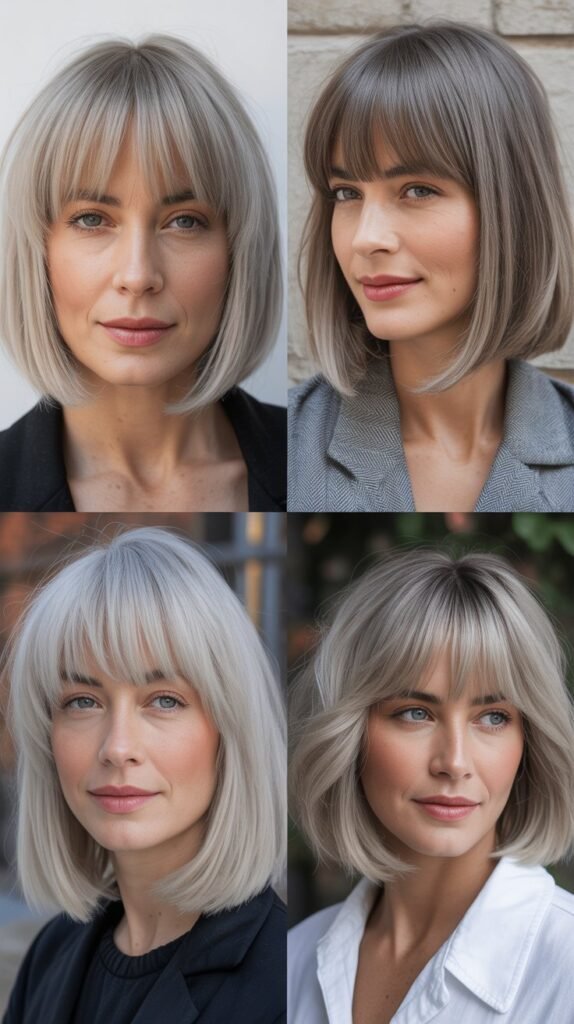 Classic Blunt Bangs With Silver Medium Bob