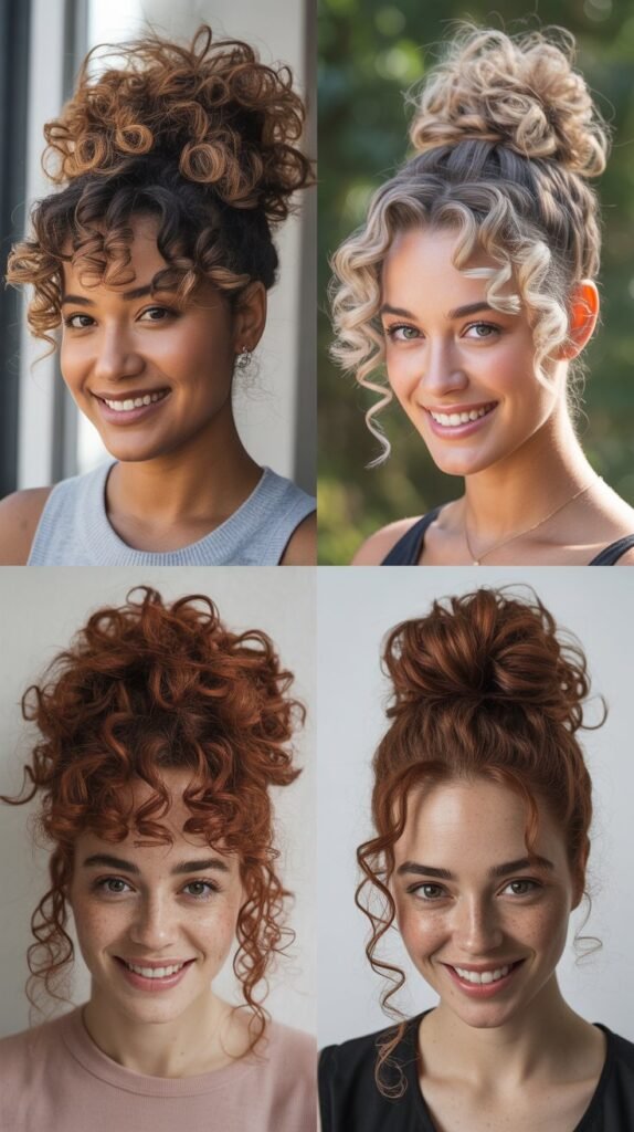 Voluminous High Curly Bun with Face-Framing Tendrils