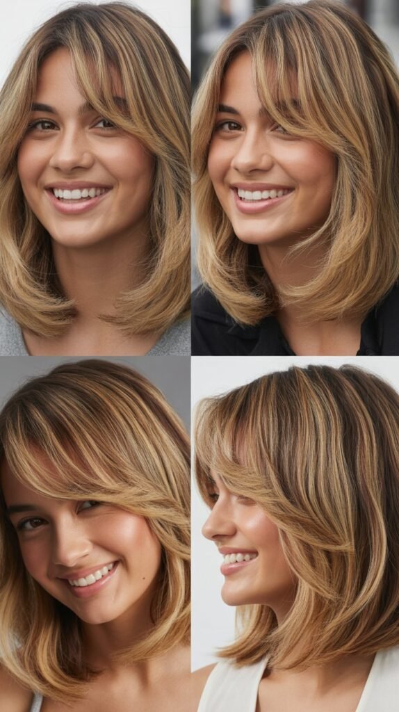 Wispy Curtain Bangs With Balayage Layered Bob: Dimensional Color