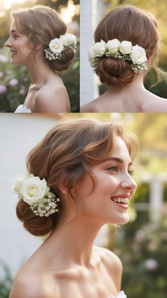 . Asymmetrical Low Bun with Flower Cluster