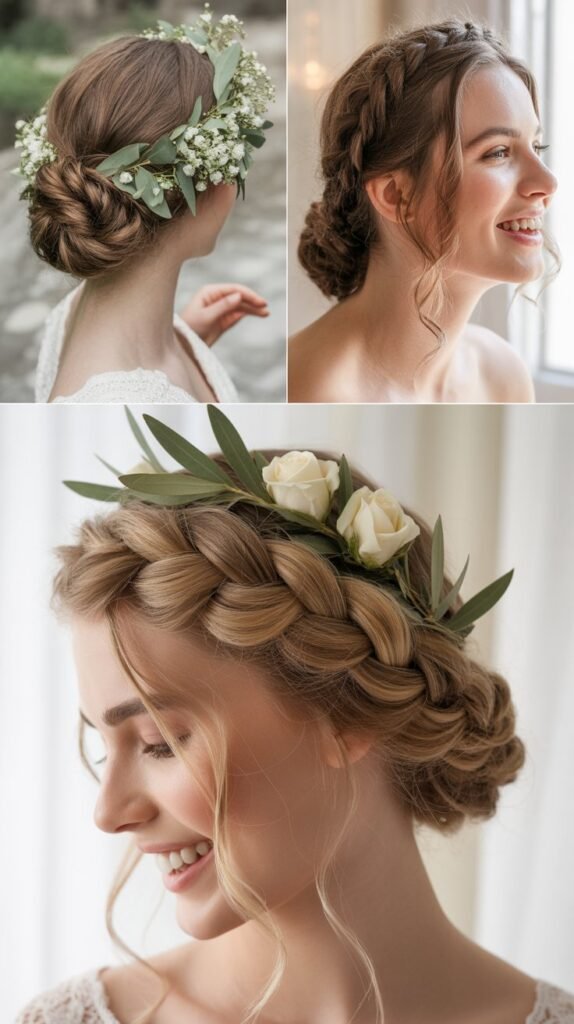 Grecian-Inspired Twisted Updo with Laurel and Flowers