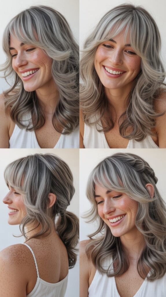  Layered Curtain Bangs With Gray Beachy Waves