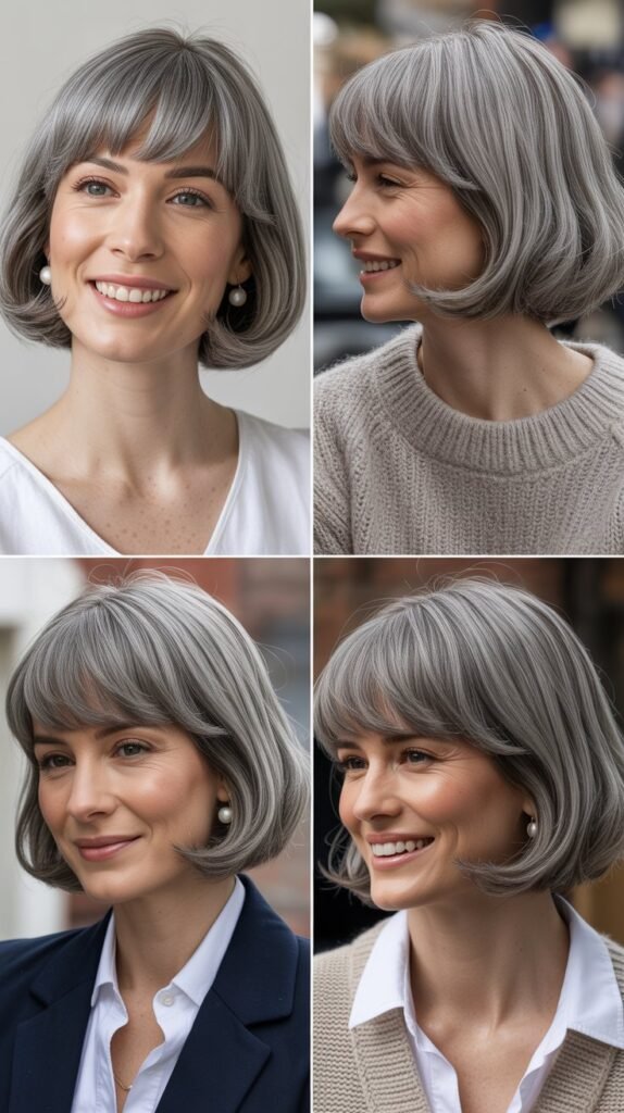 Soft Rounded Bangs With Gray Chin-Length Bob
