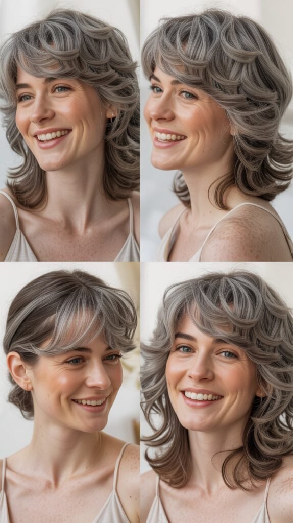  Wispy Layered Bangs With Gray Medium Waves
