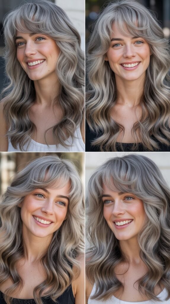 Long Side Bangs With Gray Beach Waves