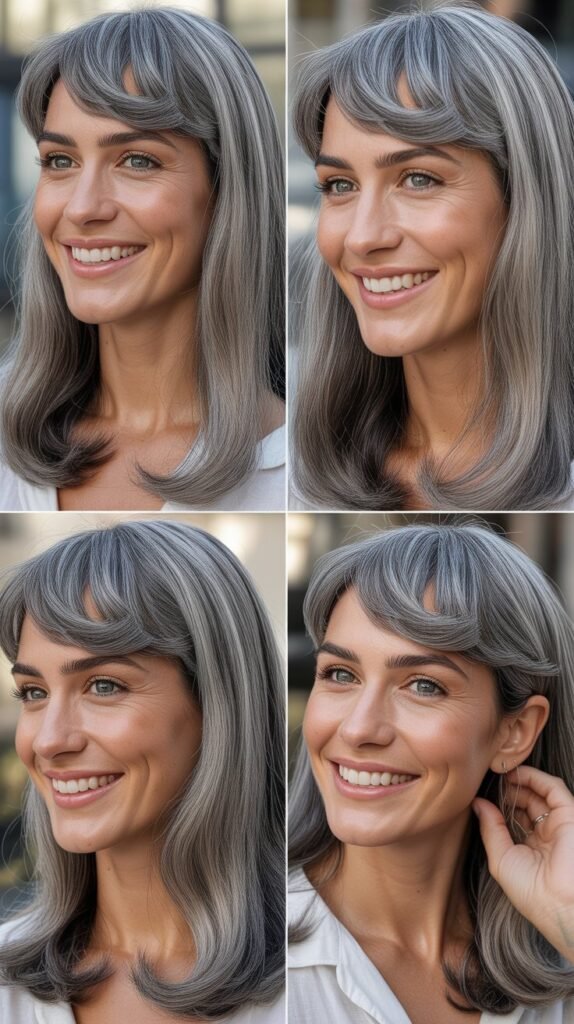 Side-Swept Curtain Bangs With Gray Long Straight