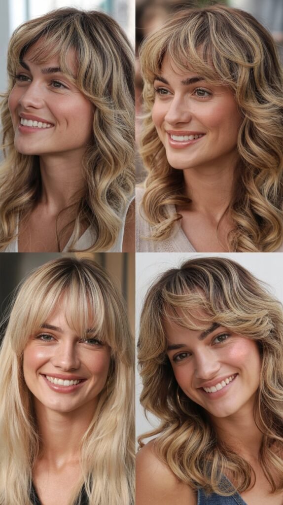 . Long Bangs with Caramel Blonde Richness