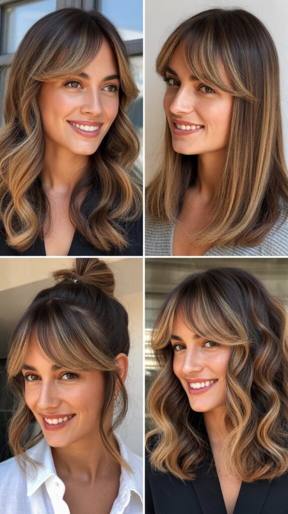  Caramel Highlights with Side-Swept Bangs