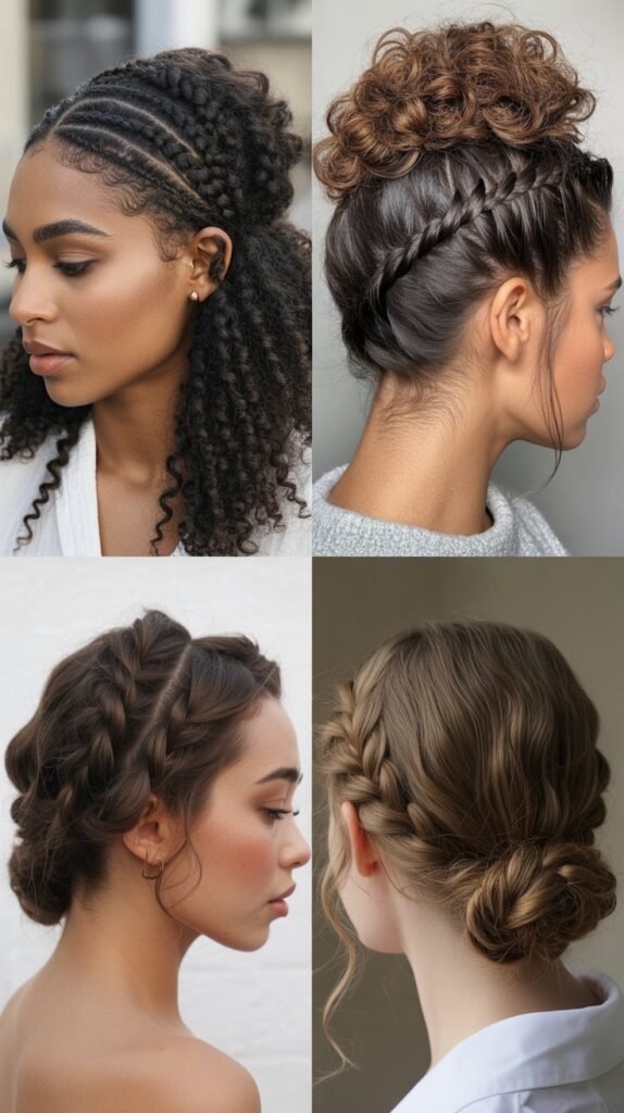 Diagonal Braided Updo with Curly Accents