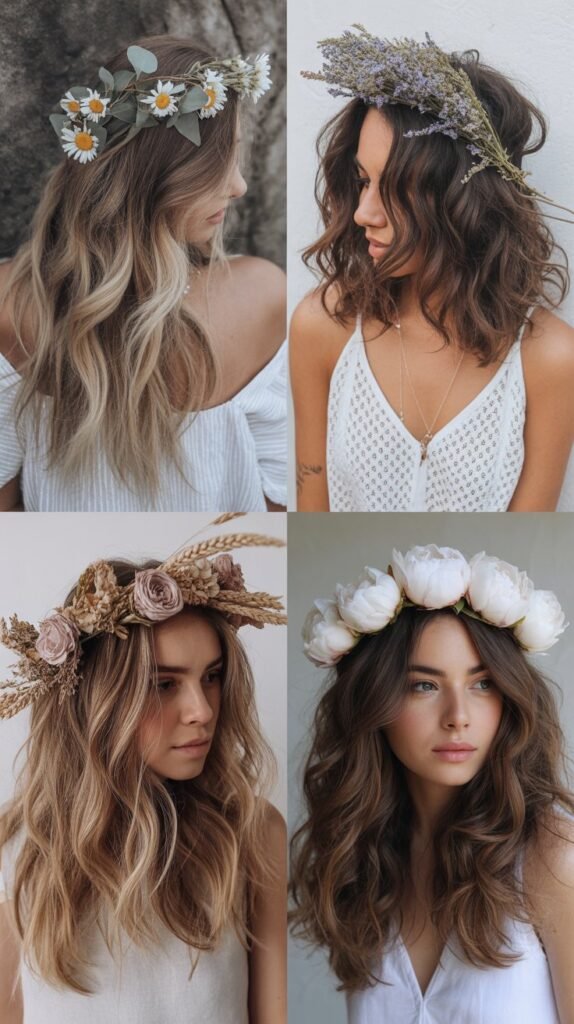 Loose Bohemian Waves with Flower Crown