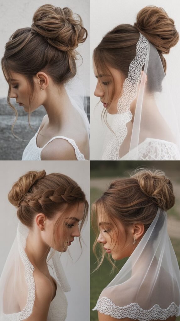 Textured High Bun with Mantilla Veil